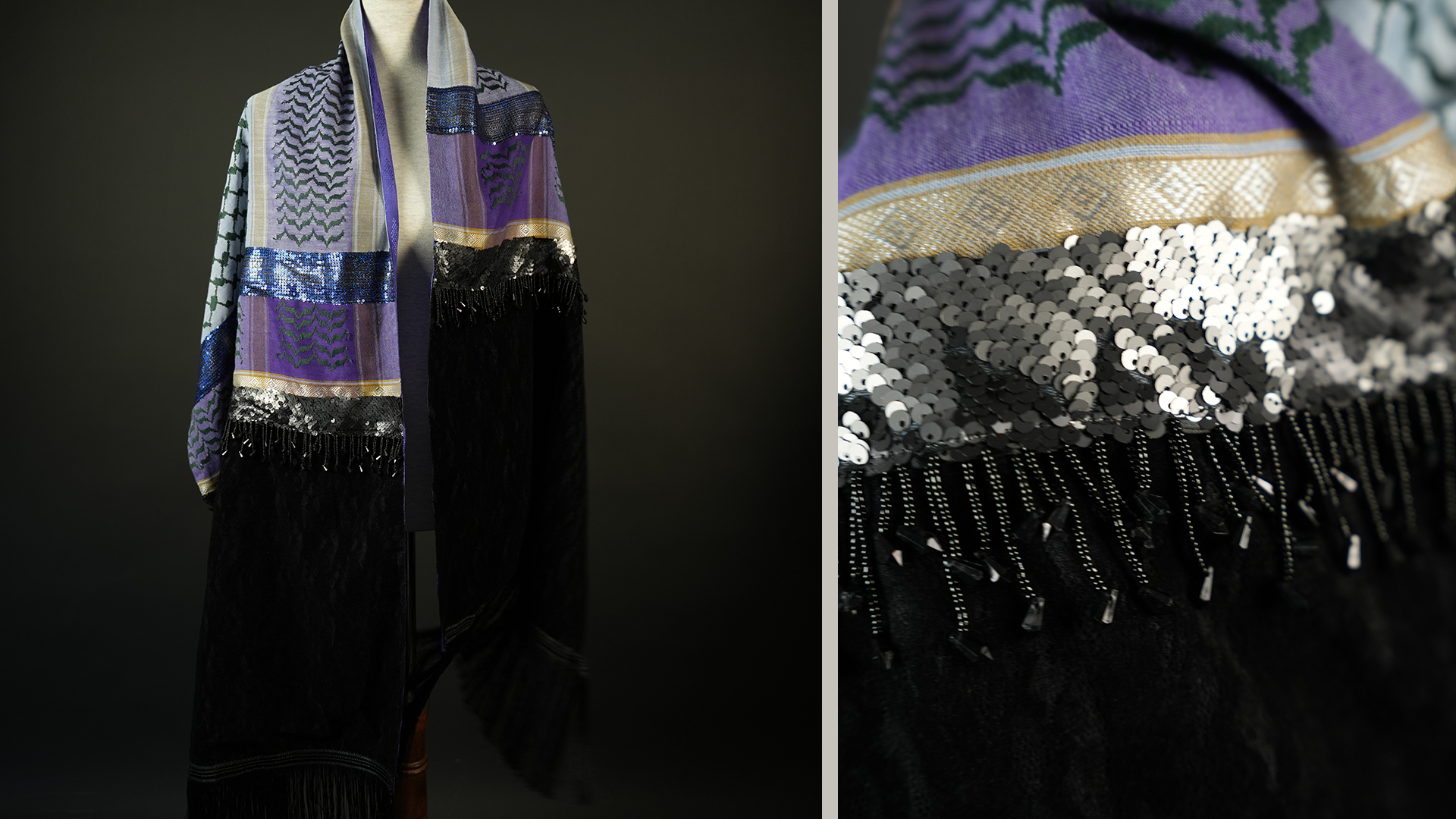 Colorful sequined keffiyeh-inspired shawl with fringe details